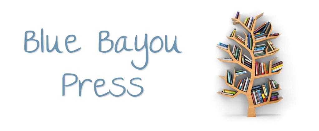 Blue Bayou Press header Image tree shaped bookshelf with books